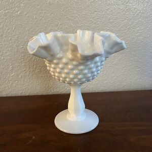 VTG Fenton White Milk Glass Fluted Hobnail Pedestal Ruffled Edge Bowl Compote